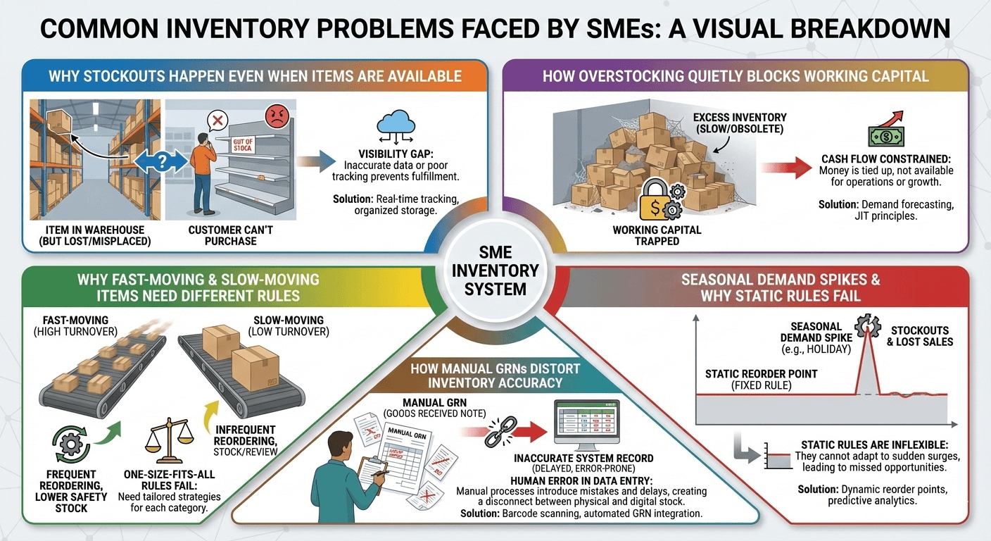 Infographic showing common inventory problems faced by SMEs, including stockouts, overstocking, slow vs fast-moving items, manual GRN errors, and seasonal demand challenges.