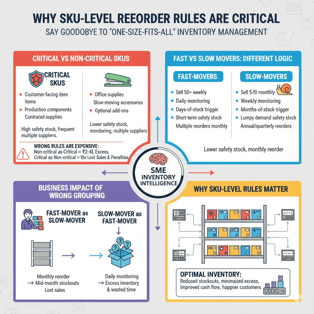 Infographic explaining why SKU-level reorder rules matter for SMEs, comparing critical vs non-critical SKUs, fast vs slow movers, and the business impact of incorrect inventory grouping.
