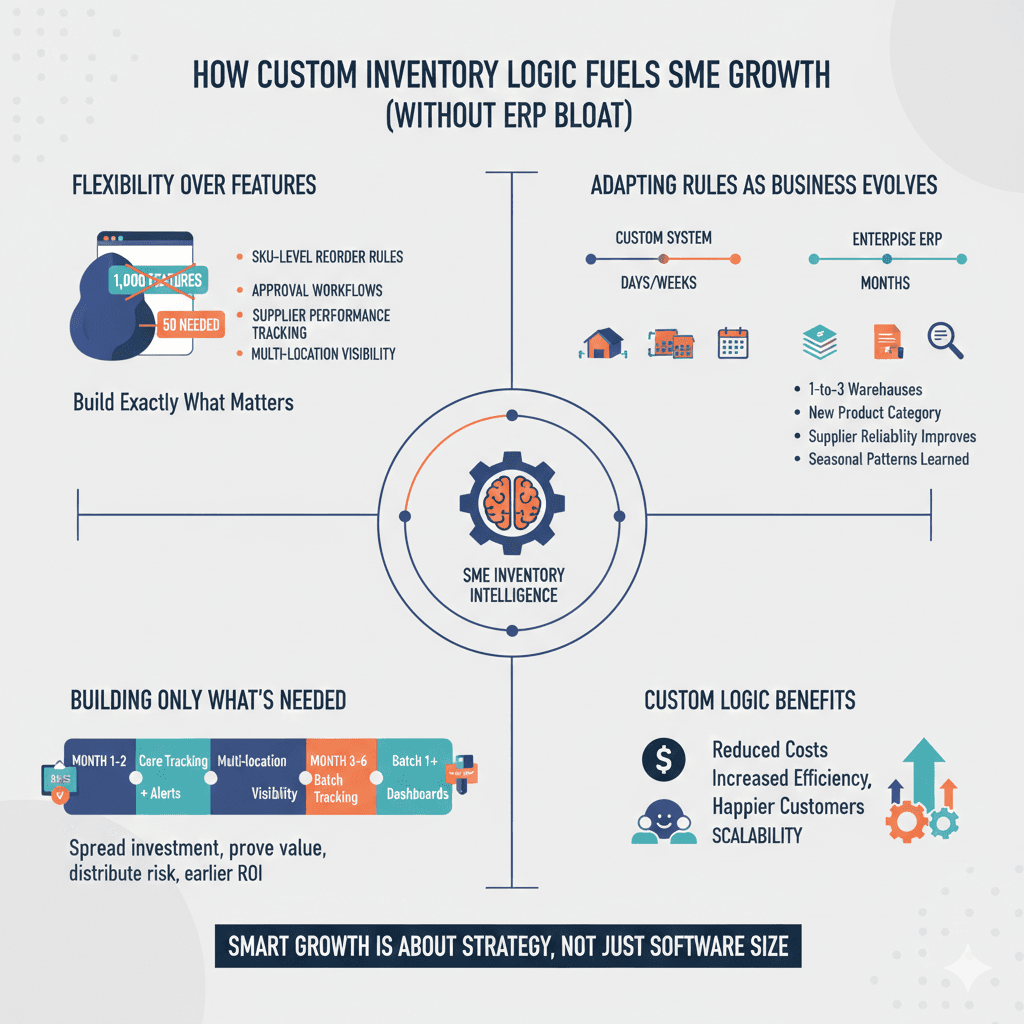 Infographic showing how custom inventory logic helps SMEs grow without ERP bloat through flexible rules, phased implementation, faster adaptation, and improved efficiency.